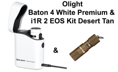 Olight Baton 4 Premium White Flashlight w/Charging Case & I1R 2 EOS Desert Tan