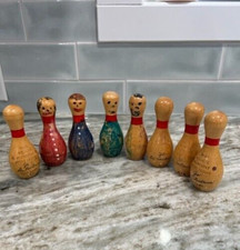 Vintage Set Of Wooden Mini Trophy Bowling Pins Set Of 8