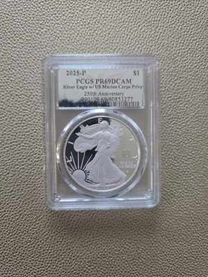 #ad 2025 Silver Eagle 250th Anniversary US MARINE CORPS Proof W PRIVY PCGS 69 $120.00