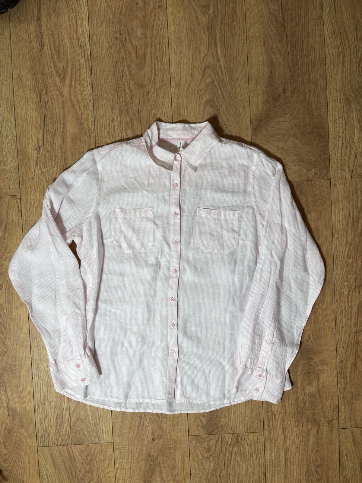 Womens Marks & Spencer Pink White Pinstripe 100% Linen Long Sleeve Shirt size 14