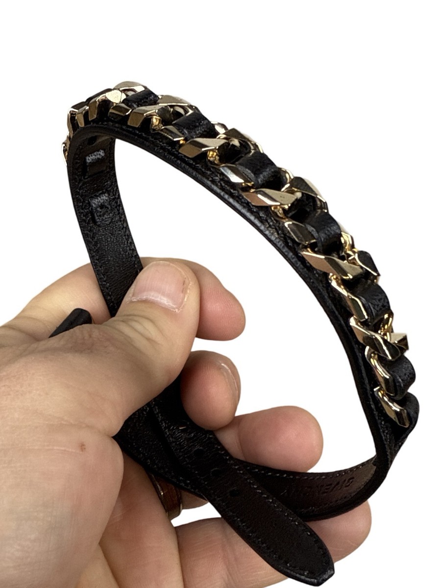 GIVENCHY Gold Double Chain Black Leather Adjustable Bracelet GIVENCHY Gold Double Chain Black Leather Adjustable Bracelet