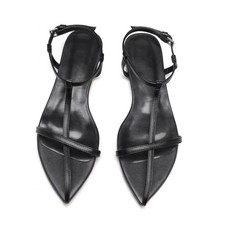 Black Strappy Pointed Toe Flat Sandals Ankle Buckle T-Strap Dressy Slides Womens