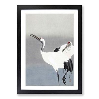 Zwei weiße Kraniche Tier Ohara Koson gerahmter Wandkunstdruck fertig zum Aufhängen
