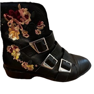 Zara X Barbie Size 8.5 Embroidered floral Blk Buckles Leather Ankle Boots