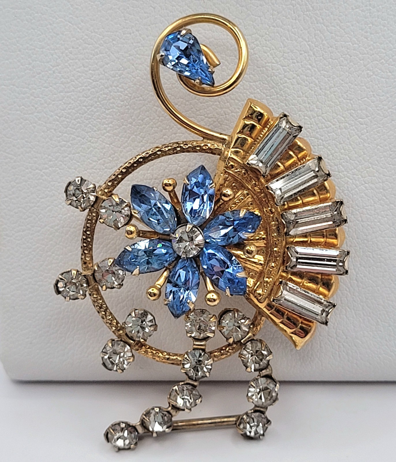 Vintage Blue Rhinestone Brooch Earrings Set Floral 12K Gold Filled Signed Amco