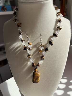 Tiger s Eye and Clear Quartz Crystal Gemstone Set Necklace Earrings Beautiful
