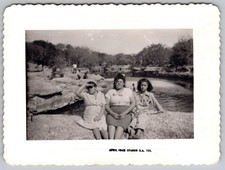 Vtg B&W Snapshot Three Women Girls Sitting On Rocks Scenic River Creek 1948