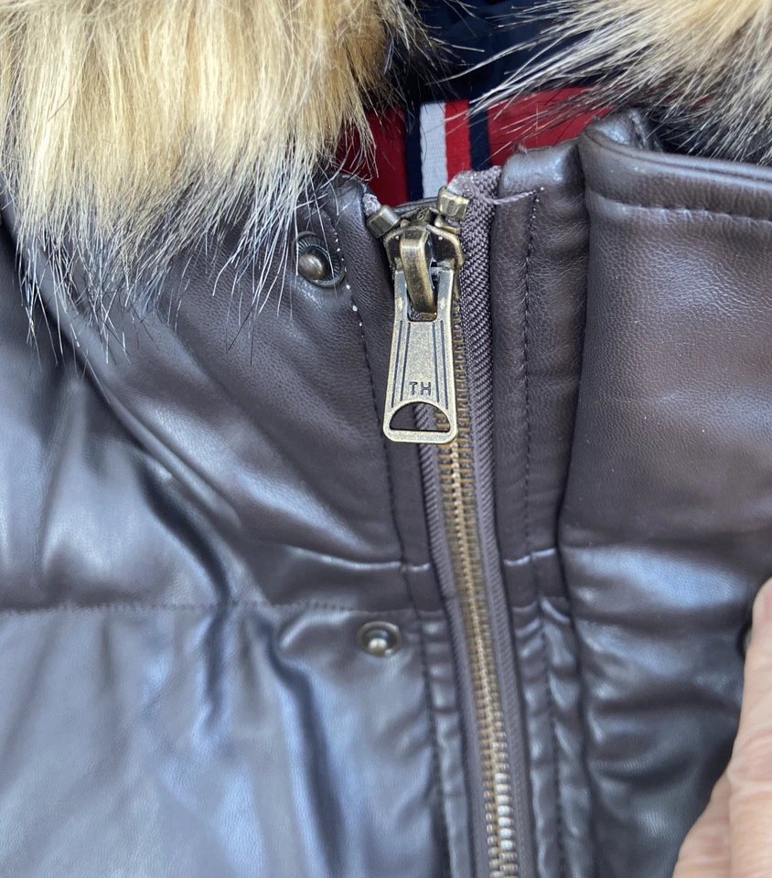Tommy Hilfiger  Brown Faux Leather Short Snorkel Faux Fur Hood Jacket  XL   $325 - Image 3 of 4