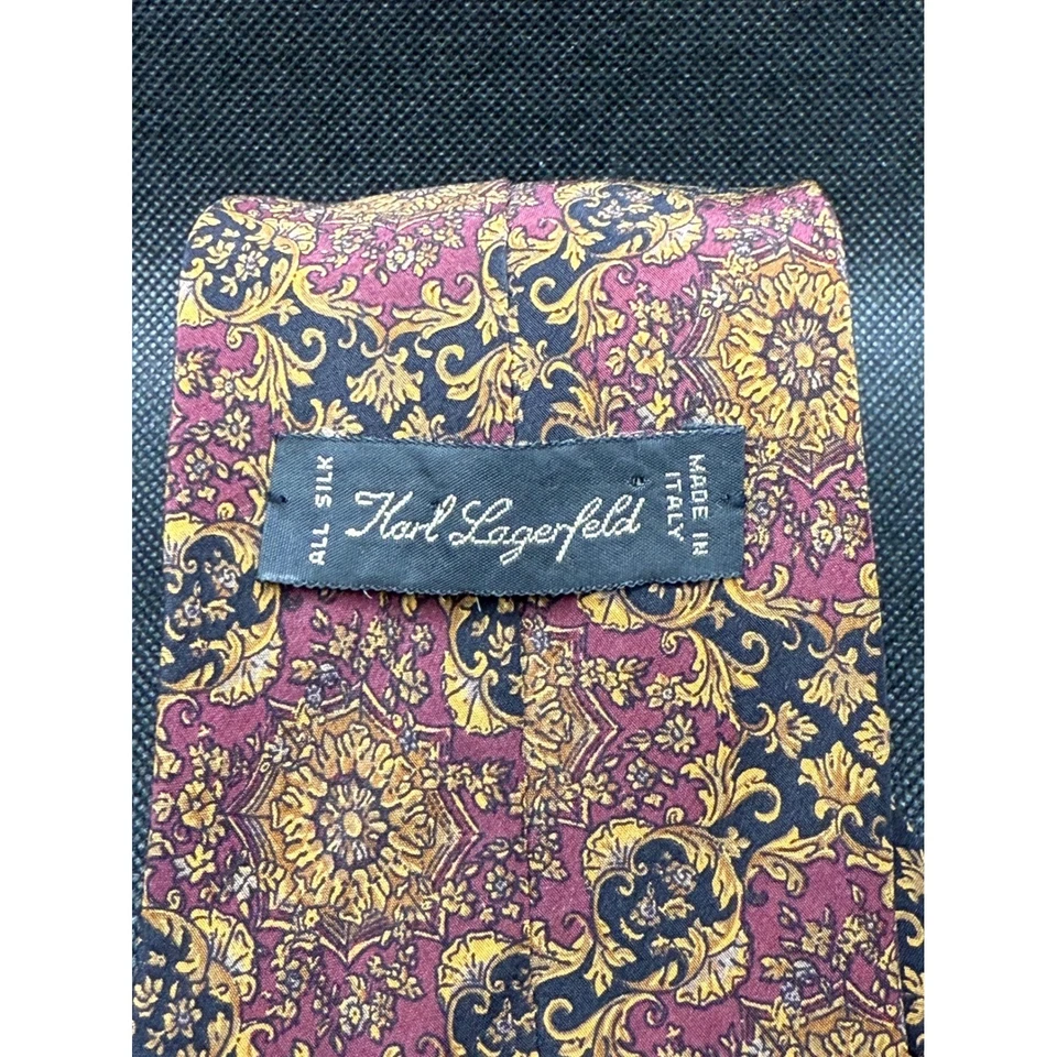Karl Lagerfeld Red Gold Floral Silk Tie Made in Italy 57" x 3.25" - Image 4 of 4