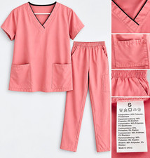 Women s Medical Pink Solid Scrub Set V-Neck Top Elastic Waist Pants S