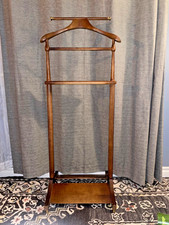 Vintage 40s 50s Walnut Valet Stand Suit Rack Butler Clothes Hanger Brass Feet
