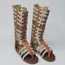 NEW Joyfolie Bridgette Sandals Size 5C Gladiator Silver Straps Brown Gold Zip