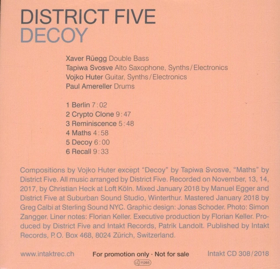 District Five (Jazz) Decoy CD Schweiz Intakt 2018 Promo CD In Kartonhülle - Bild 2 von 3