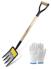 Garden Fork 4-Tine Spading Digging Pitch Fork-45Inch Forged Steel Y-Grip Wood