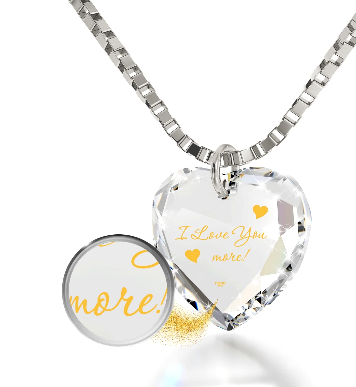 NanoStyle I Love You More Necklace Inscribed in Pure Gold on a Tiny Heart Sha...