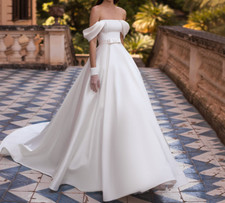 Satin Wedding Dresses with Bow Belt A-Line Floor Length Backless Bridal Gowns