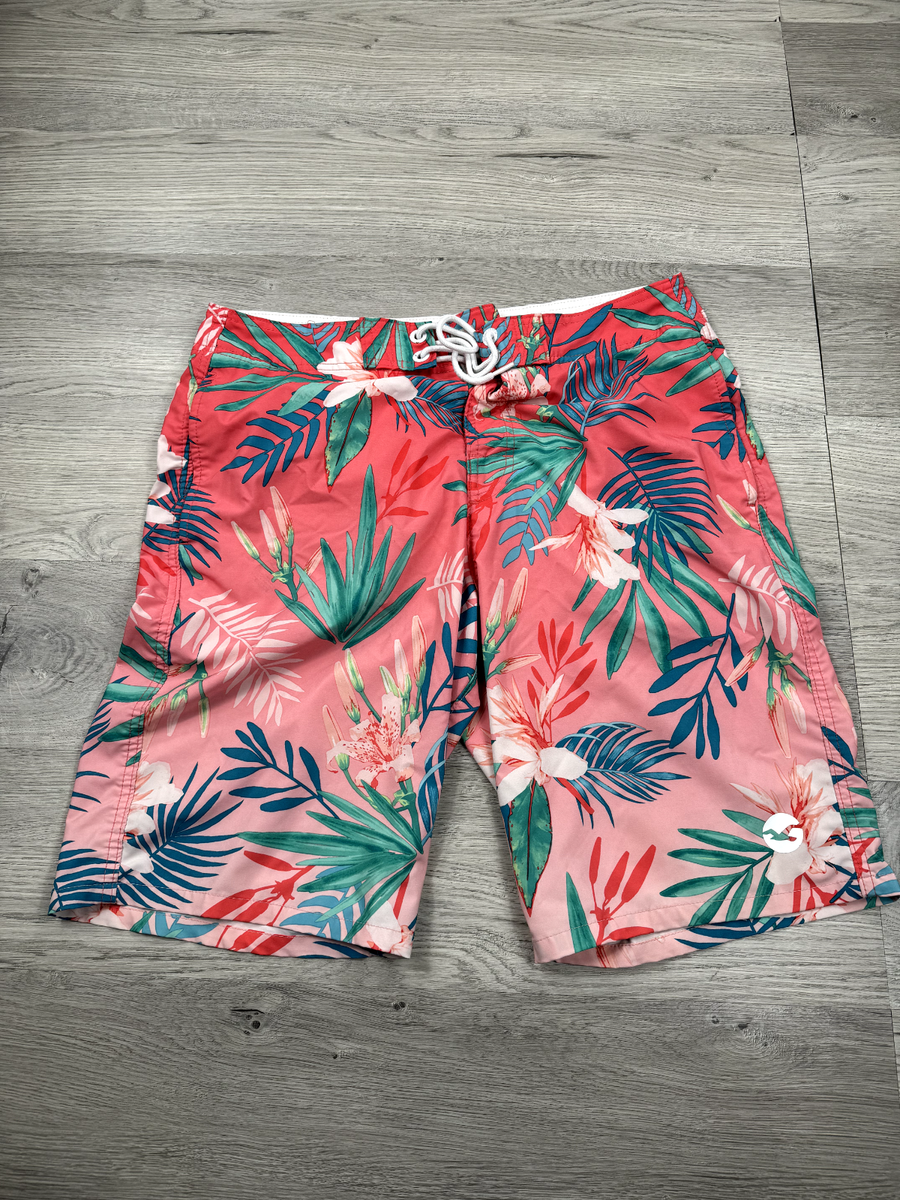 Hollister Shorts Men 32 Pink Blue Hawaiian Floral Flowers Swim