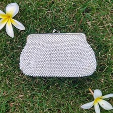 Vintage Beaded Coin Purse Clutch Handbag White Cream