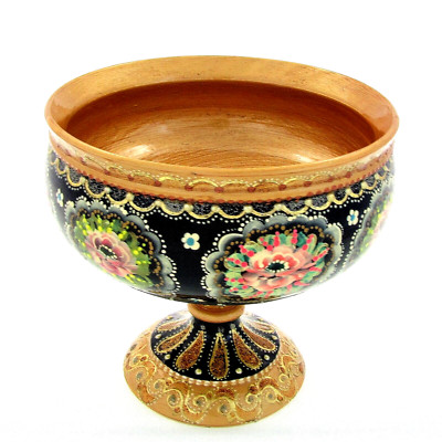 Obstvase mit Süßigkeiten aus Holz H 16 cm D 17 cm schwarz gold handbemalt lackiert