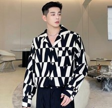 Men's Fashion Suit Collar Long Sleeve Loose Printed Shirt Youth Causal Blouses 
