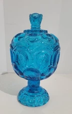 Vintage L.E. Smith Blue Moon & Stars Pedestal Compote Candy Dish With Lid