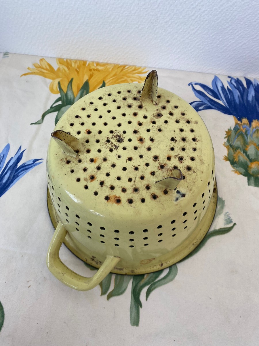 Vintage petite passoire en émail jaune passoire garniture noire