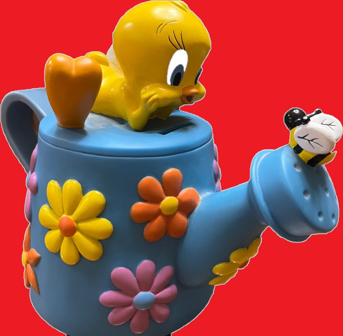 激レア1999 WB トゥイーティー 陶器ケース Tweety VTG - TWEETY BIRD on WATERING CAN PIGGY BANK LOONEY TUNES WARNER