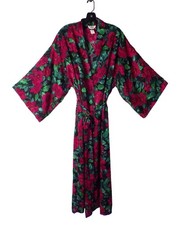 M L Vintage Victorias Secret Red Green Kimono Sleeve Long Wrap Robe Gold Label