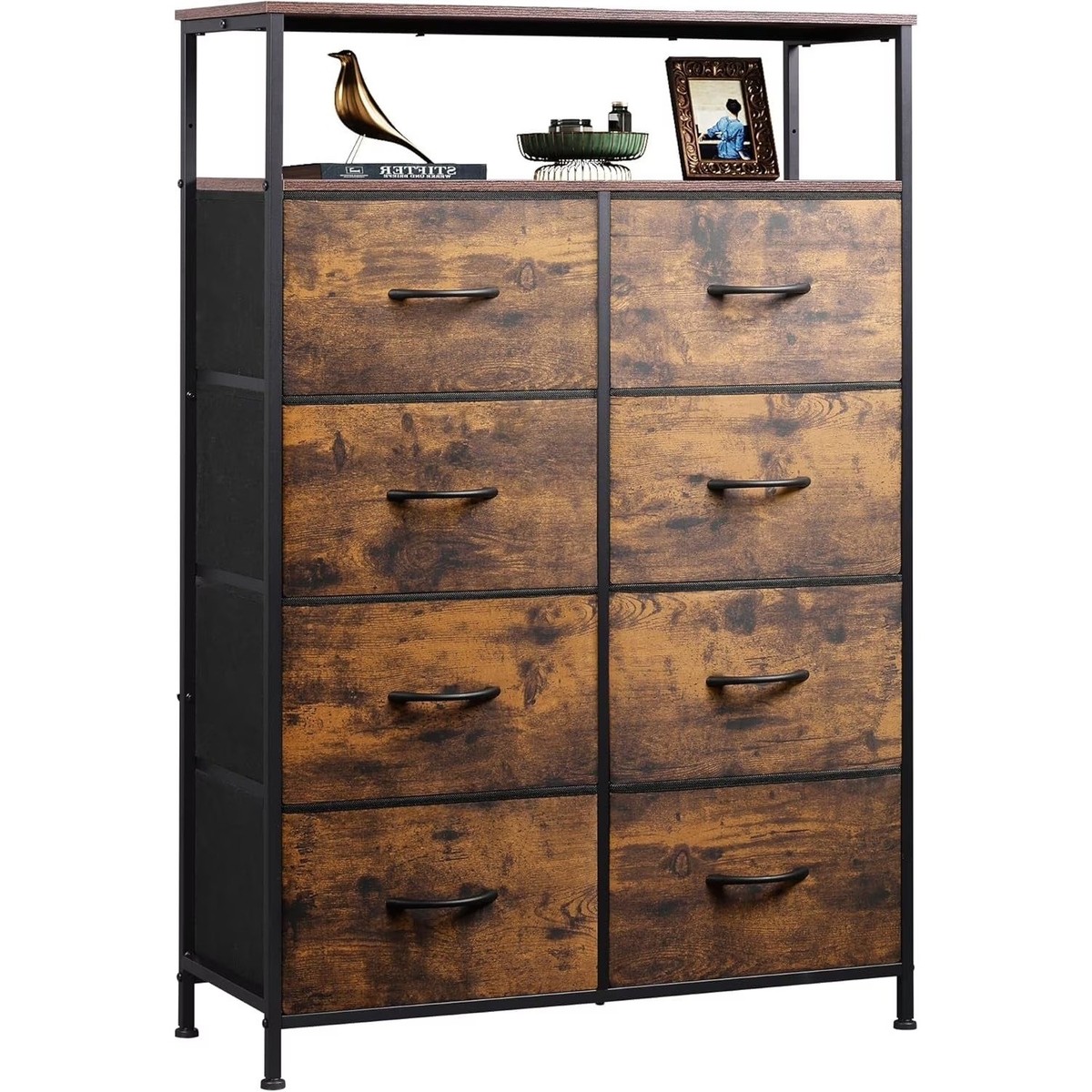 8-Drawer Fabric Dresser 46in Open Shelf Tall Storage Cabinet