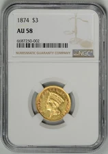 1874  $3  GOLD   NGC  AU58  ~  Indian Princess  ~  #6687250-002