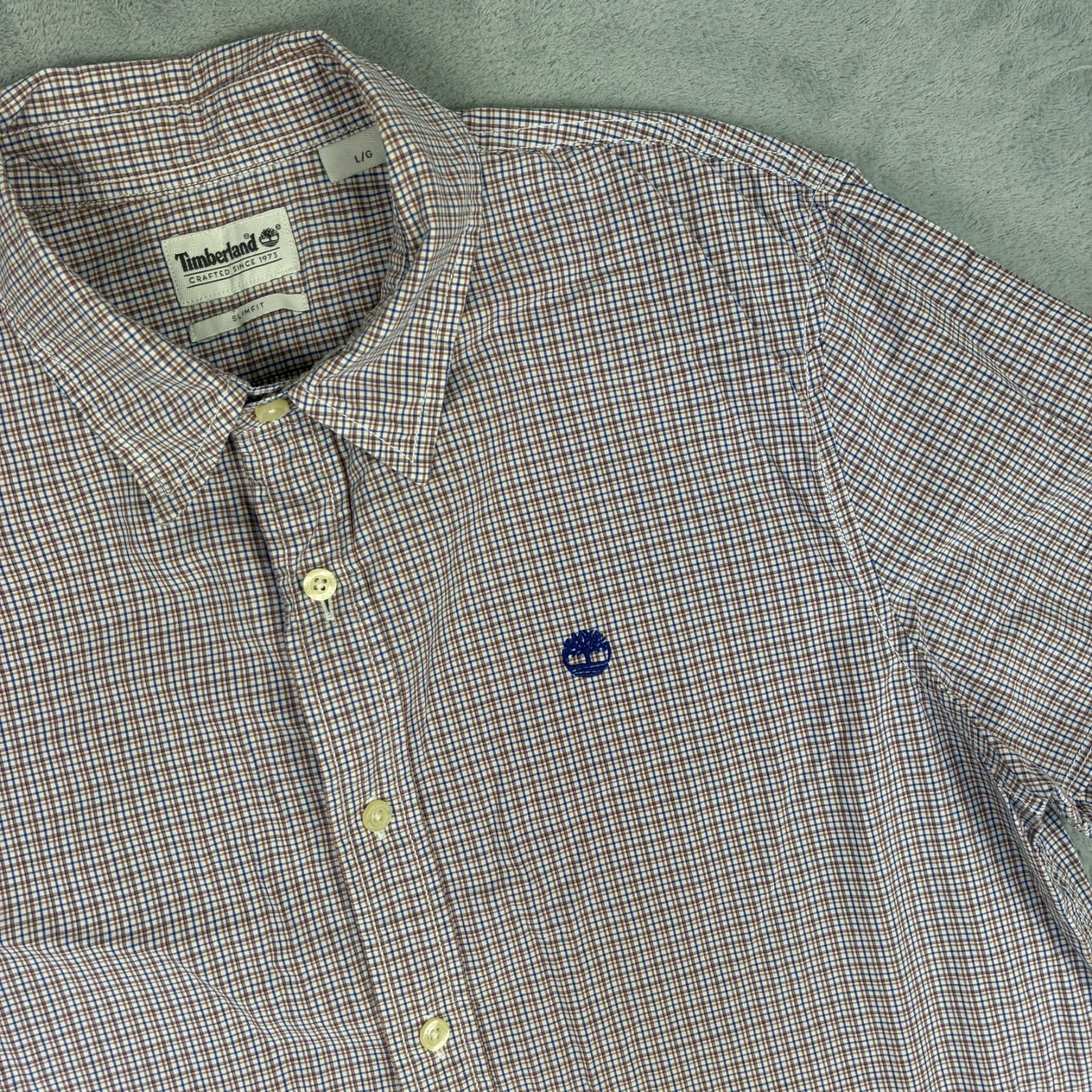 VTG Timberland Brown Navy Micro Check Size Large Slim Fit S/S Button Up Shirt image 3