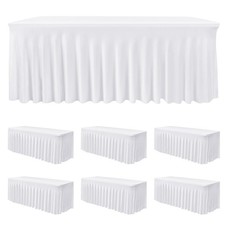 6 Pack White Spandex Table Covers 6ft Rectangle Ruffle Skirts for Party