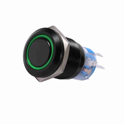 Black Waterproof Self-Locking Latch Push Button Switch 19mm --  Green LED Light