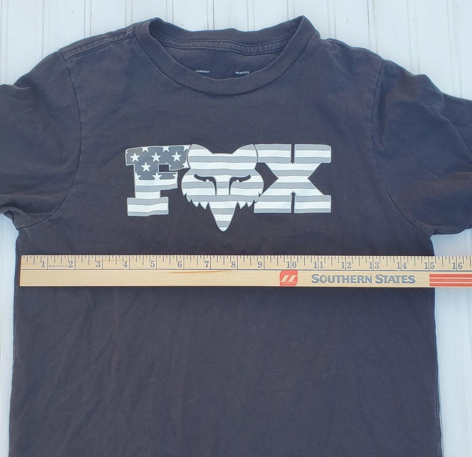 Fox Racing Shirt Youth Boys Medium Black Fox Logo USA Flag Gray And White - Image 2 of 4