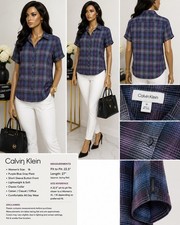 Calvin Klein men's Plaid Cotton Slim Fit L Button Up Short Sleeve Shirt Size