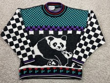 VTG Panda Bear Sweater Large Checkered Colorful Kawaii Fairy Kei Novelty Acrylic