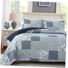3-Piece King Quilt Set, Lightweight Soft Full Size King 104x90 Blue Plaid