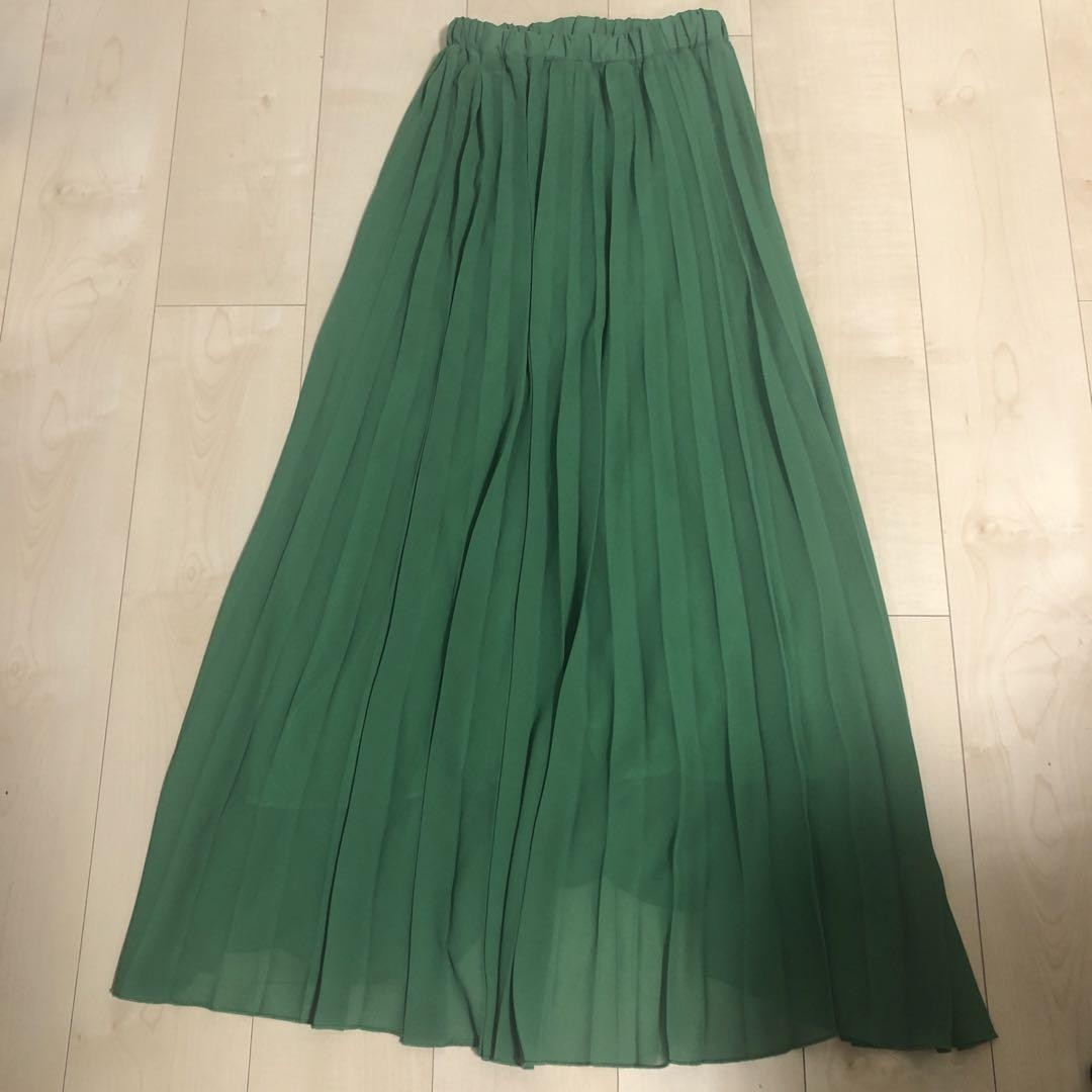 Pichi Long Pleated Skirt Green M Size Unlined Classic Preowned