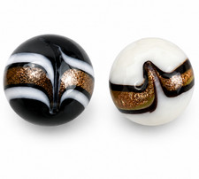 2 INSIGNIA 16mm Handmade Art Glass Black Banded Gold Lutz White Marbles  Stands