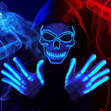 Halloween LED Skull Mask with Light Up Gloves Blue Scary Glow in The Dark