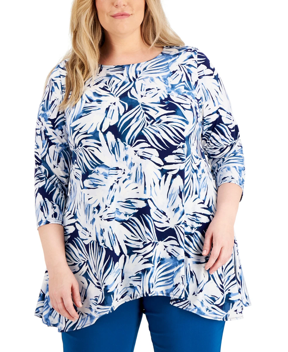 Alfani Women's Plus Size Printed Swing Top (2X, Blue Dream Leaf)