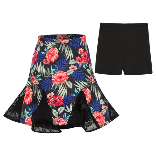 Kids Girl Latin Ballroom Dance Skirt Floral Print Fish Tail Lace Ruffle Skirt - Picture 26 of 51