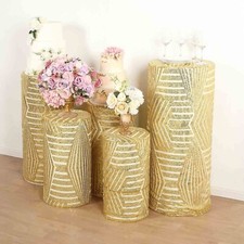 5 Cylinder Pedestal Geometric Leaf Vine Sequins Display STAND COVERS Set Party