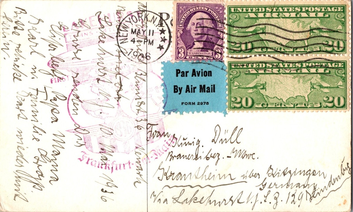 1936 New York USA LZ 129 Hindenburg Zeppelin Postcard Cover to