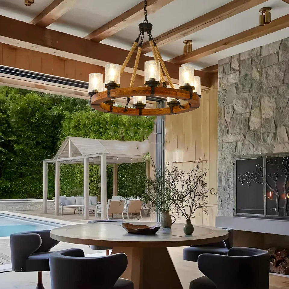 Lámparas de araña redondas de madera con ruedas de vagón de 8 luces con vidrio sembrado Sh... Foto 2 de 4