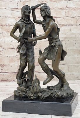 Bronze on Marble Base Native American Indian Rain Dance Scene Sculpture Decor