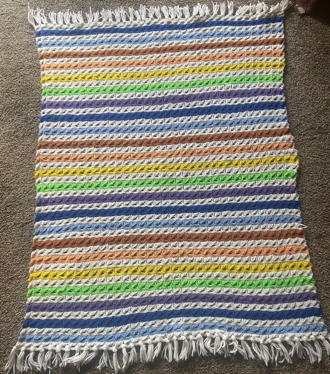 Blanket Handmade Vintage Afghan Rainbow Boho Retro 1970s Stripe Fringe