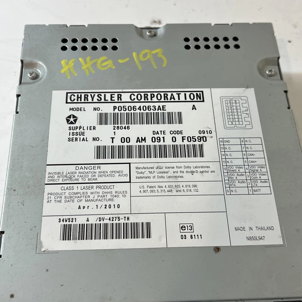 Dodge Grand Caravan Entertainment 2011 reproductor de DVD P05064063AE fabricante original Foto 4 de 4