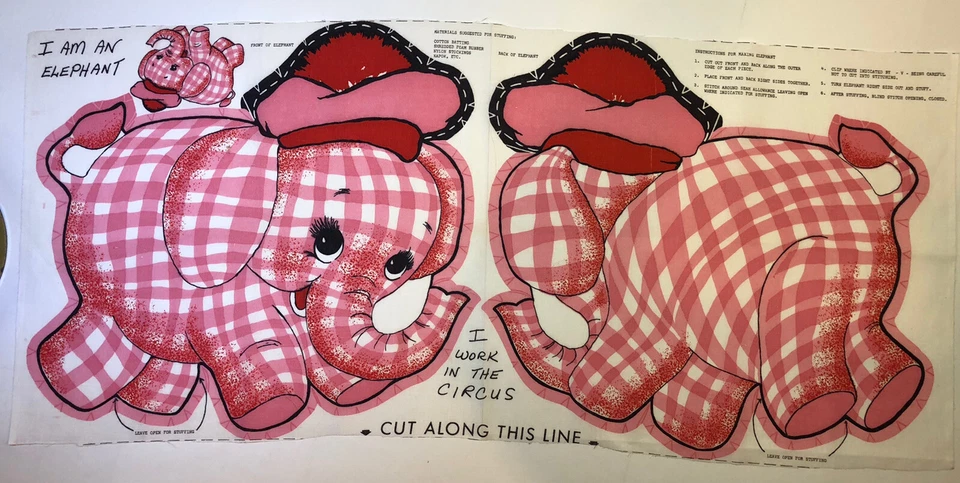Raro Vintage Rosa Guinga Elefante Artesanal Tela Sin Cortar Panel Almohada Juguete Muñeca Foto 2 de 4