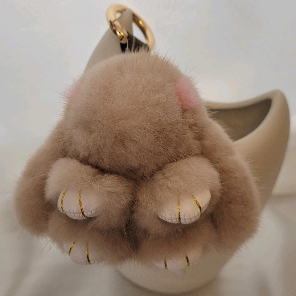 Adorable Mink Fur Bag Charm/Keychain Beige/Pink Eyes Faux Leather Paws - Image 3 of 4